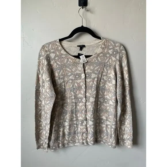 Talbots Black Label Gold Metallic Scroll and Floral Cardigan Sz L Petite NWT - Picture 3 of 11